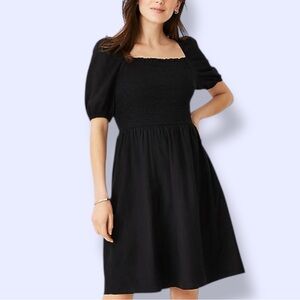 ANN TAYLOR Linen Blend Puff Sleeve Smocked Flare Dress In Black